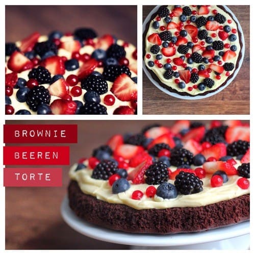 image 4 5 6 | Diese Masse auf den kalten Brownieboden streichen und die Beeren auf der Creme verteilen.