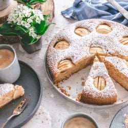 Versenktert Apfelkuchen 11 | Versunkener Apfelkuchen ist ein Rührkuchen aus der Springform, in dem halbierte, eingeschnittene Äpfel im Teig versinken und beim Backen weich und saftig werden. Bei Oma Lore hieß er immer versenkter Apfelkuchen, gesucht wird er meistens als versunkener Apfelkuchen. Gemeint ist derselbe Kuchen, und zwar dieser hier.
