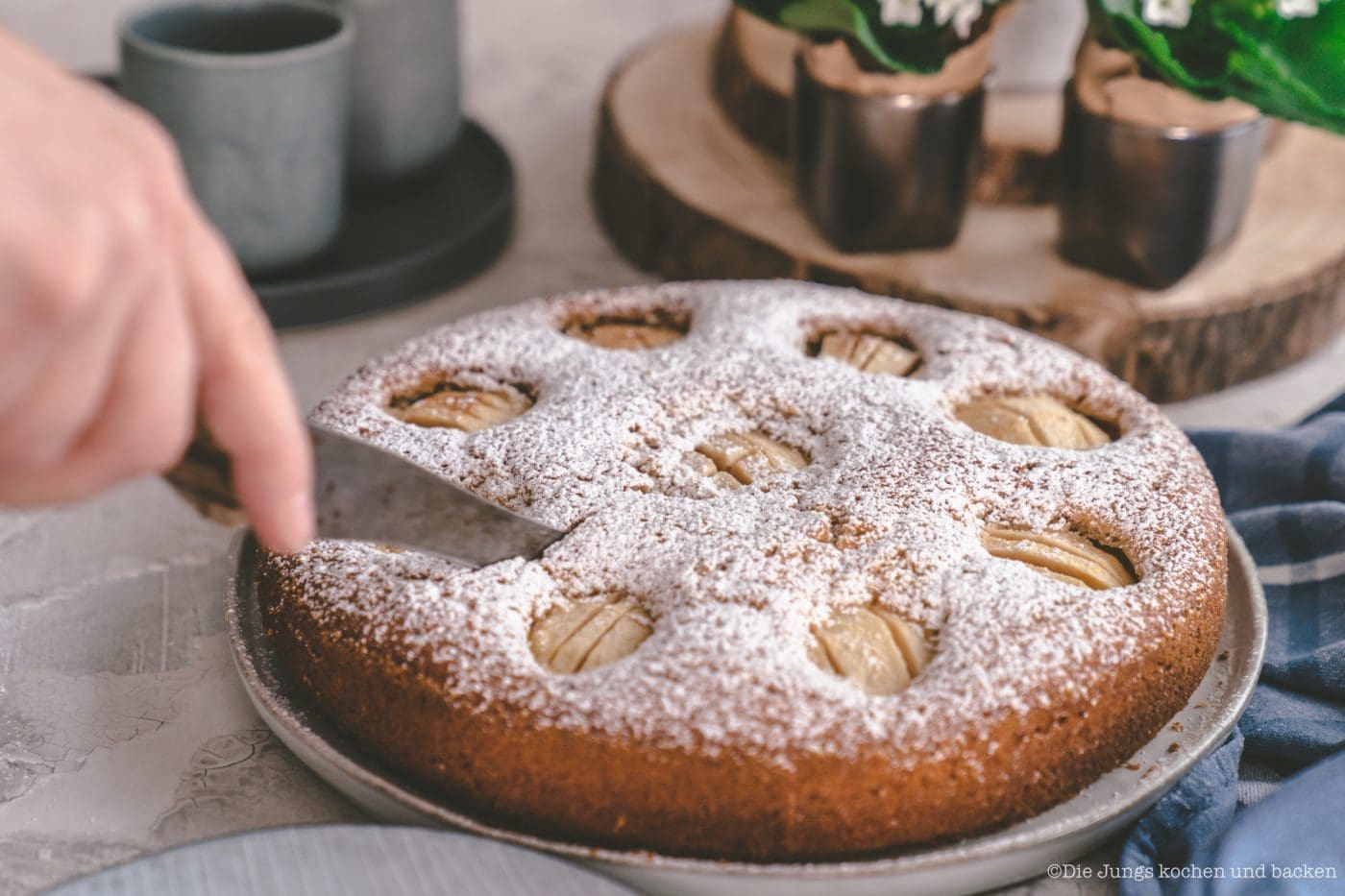 Versunkener Apfelkuchen nach Oma Lore. Saftig aus der Springform 2 Angeschnittener versunkener Apfelkuchen, im Teig sitzen die eingeschnittenen Apfelhälften