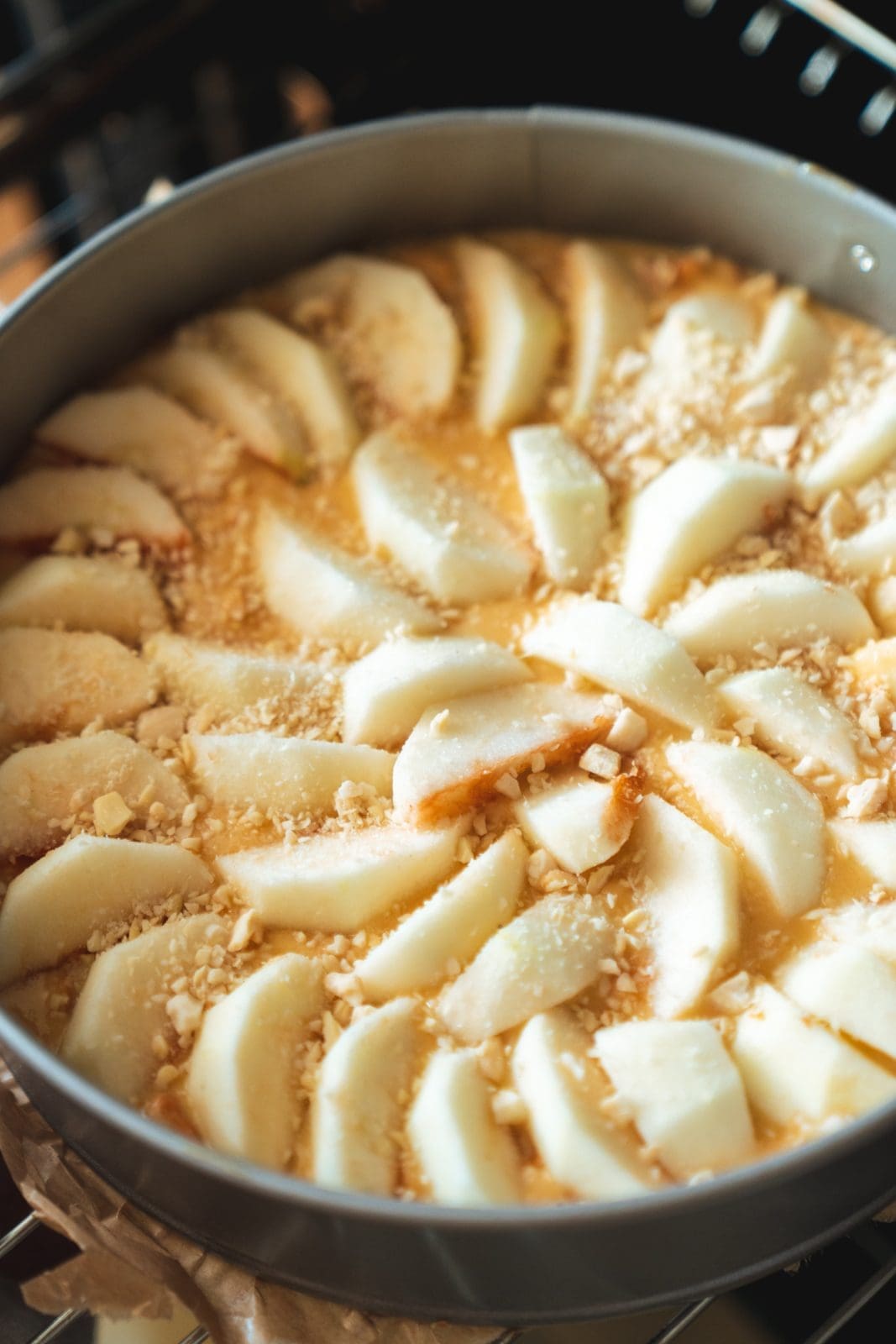 Die Springform mit Teig, dicht an dicht mit Apfelspalten belegt, vor dem Backen