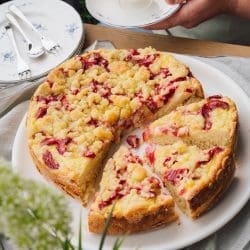 Rezept für Barbaras Rhabarberkuchen. Unser luftiger Hefeboden ist getappt von Pudding, säuerlichem Rhabarber und Streusel. Der darf einfach nicht fehlen ...