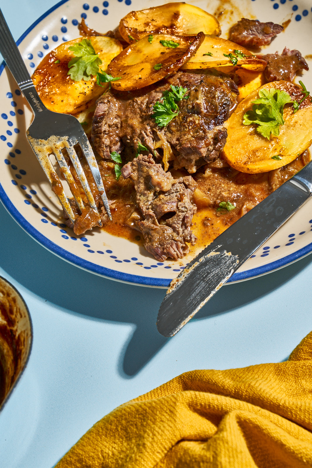 Portion Rouladen-Auflauf auf einem blau geränderten Teller mit Fleisch, dunkler Sauce und Kartoffelscheiben