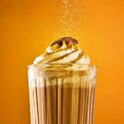 Pumpkin Spice Latte im Glas mit Sahnehaube und Pekannuss, bestäubt mit Pumpkin Spice Latte Gewürz